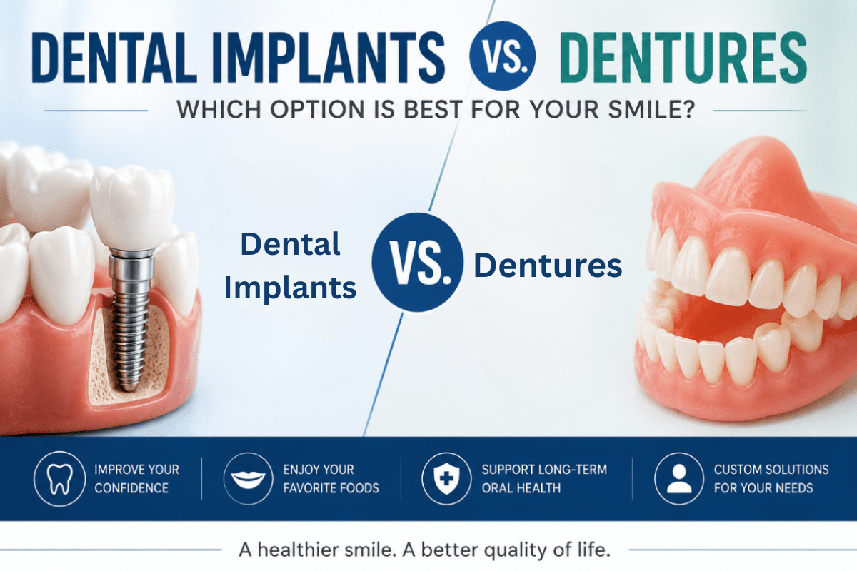 Dental implants vs. dentures - The better options for restoring a healthy, natural-looking smile.
